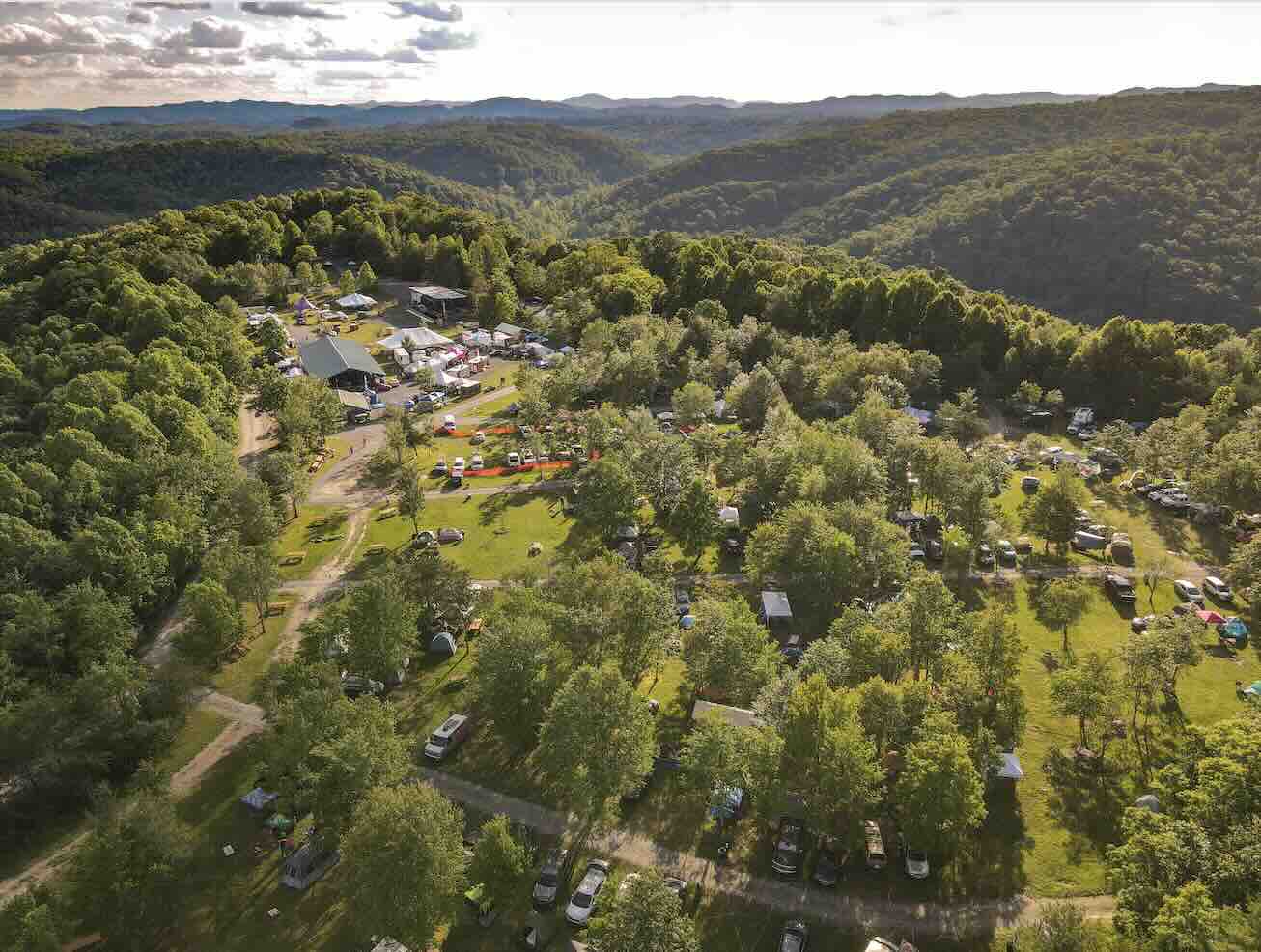 Drone photo of mountaintop festival site at ace adventure resort during mountain music festival in the new river gorge