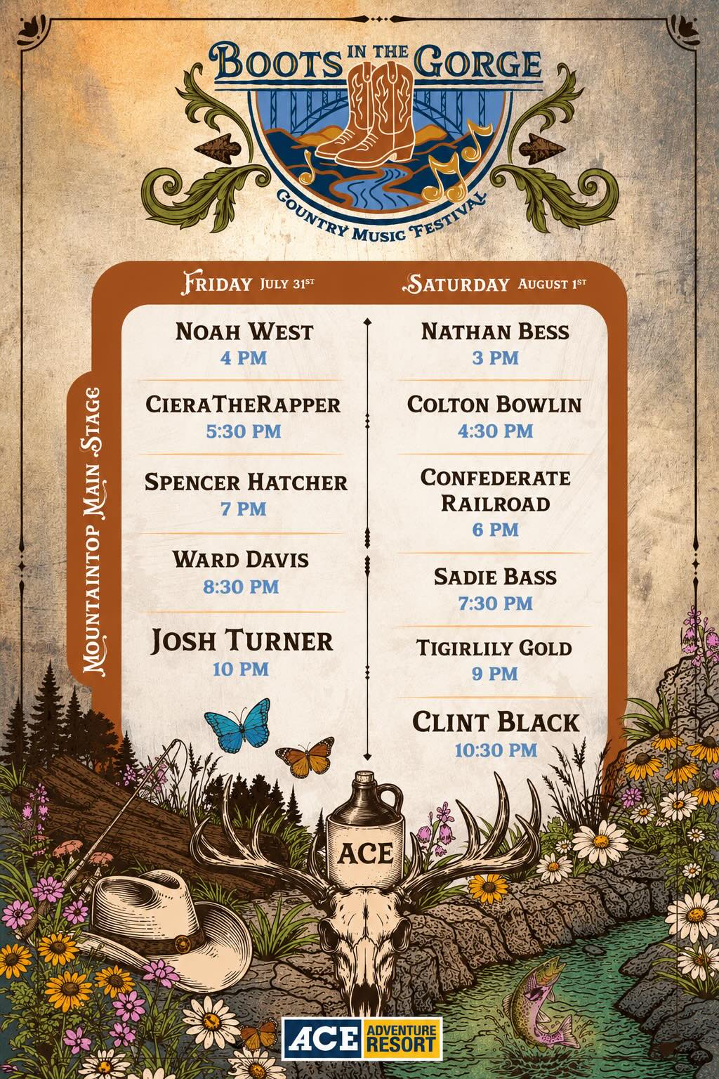 stage schedule for boots in the gorge at ace adventure resort in the new river gorge
