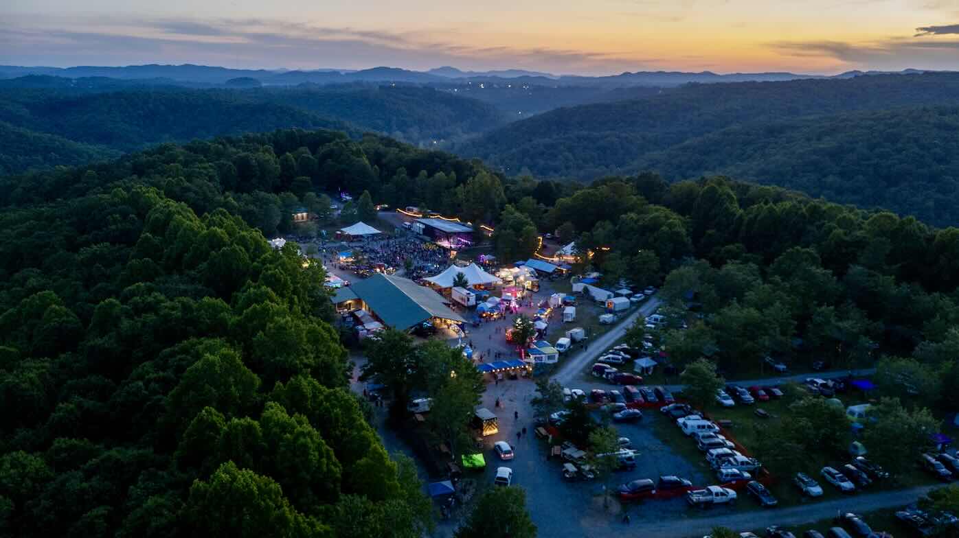 sunset drone photo over the festival grounds at ace adventure resort in the new river gorge
