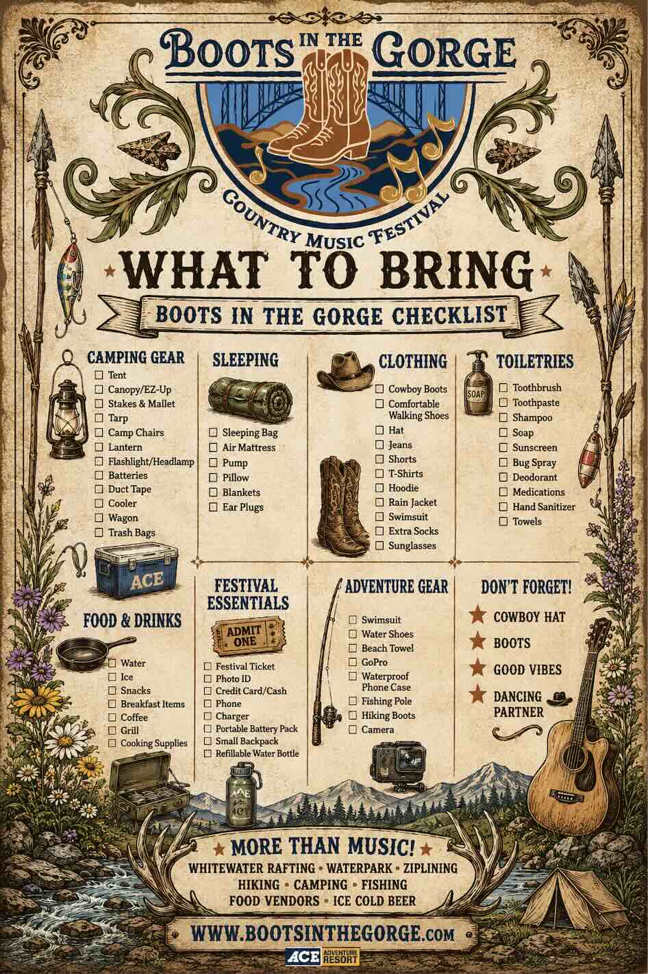 checklist on what guests should bring for Boots in the Gorge at Ace adventure resort in the new river gorge